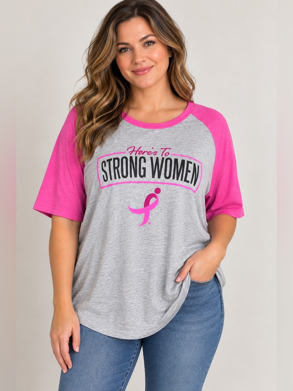 NWT Greensource Susan G Komen Strong Women Breast Cancer Pink Gray Tee L
